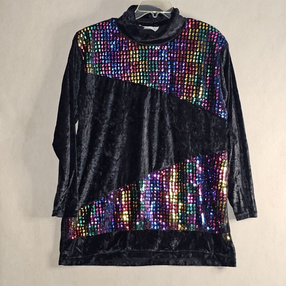 Vintage 80s Velour Sequined Turtleneck Womens Size XL Colorful Party Fun Fab